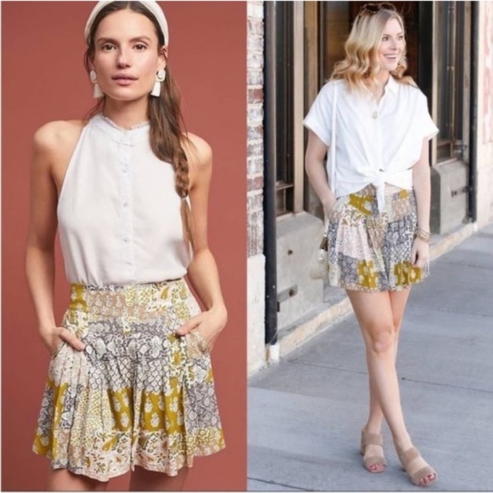 MAEVE by Anthropologie Floral Patchwork Pleated High Rise Shorts Boho Small